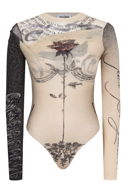 Сетчатое боди с принтом The Tattoo Rose and Bird JEAN PAUL GAULTIER