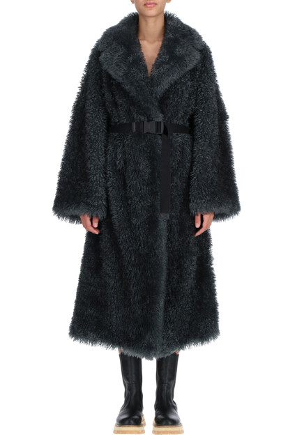 Шуба из экомеха с текстильным поясом ERMANNO SCERVINO
