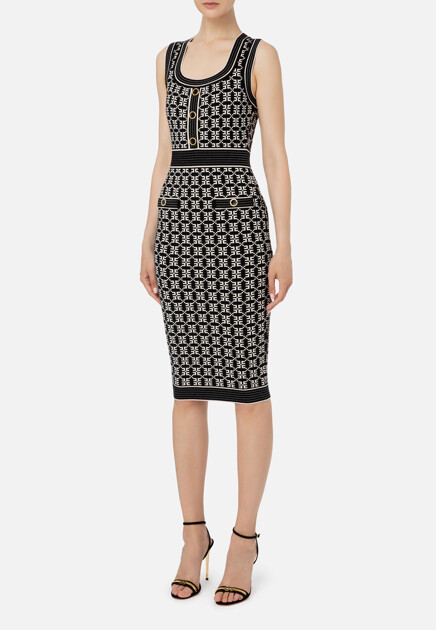 Трикотажное платье миди с жаккардовым логотипом
 ELISABETTA FRANCHI - ИТАЛИЯ