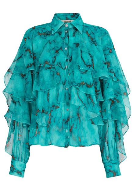 Блуза с оборками и мраморным принтом ROBERTO CAVALLI